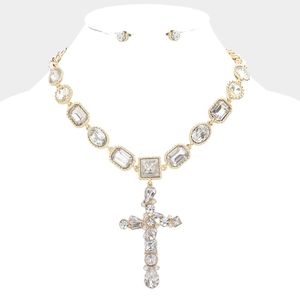 Gold Multi Crystal Stone Cross Pendant Chain Set Charm Necklace Rhinestone Bling